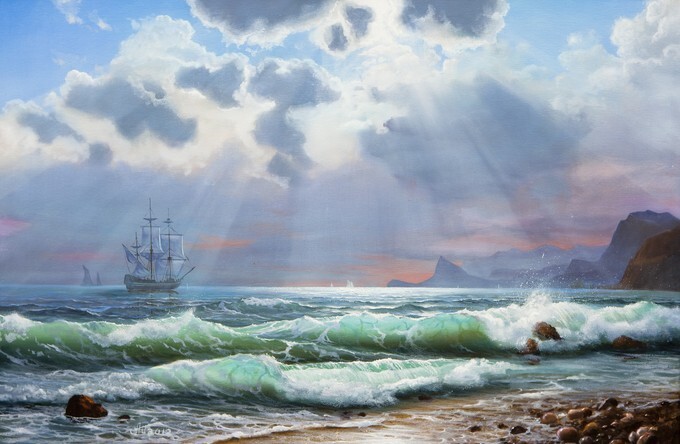 Oil painting on canvas - sailboat on the sea at sunset